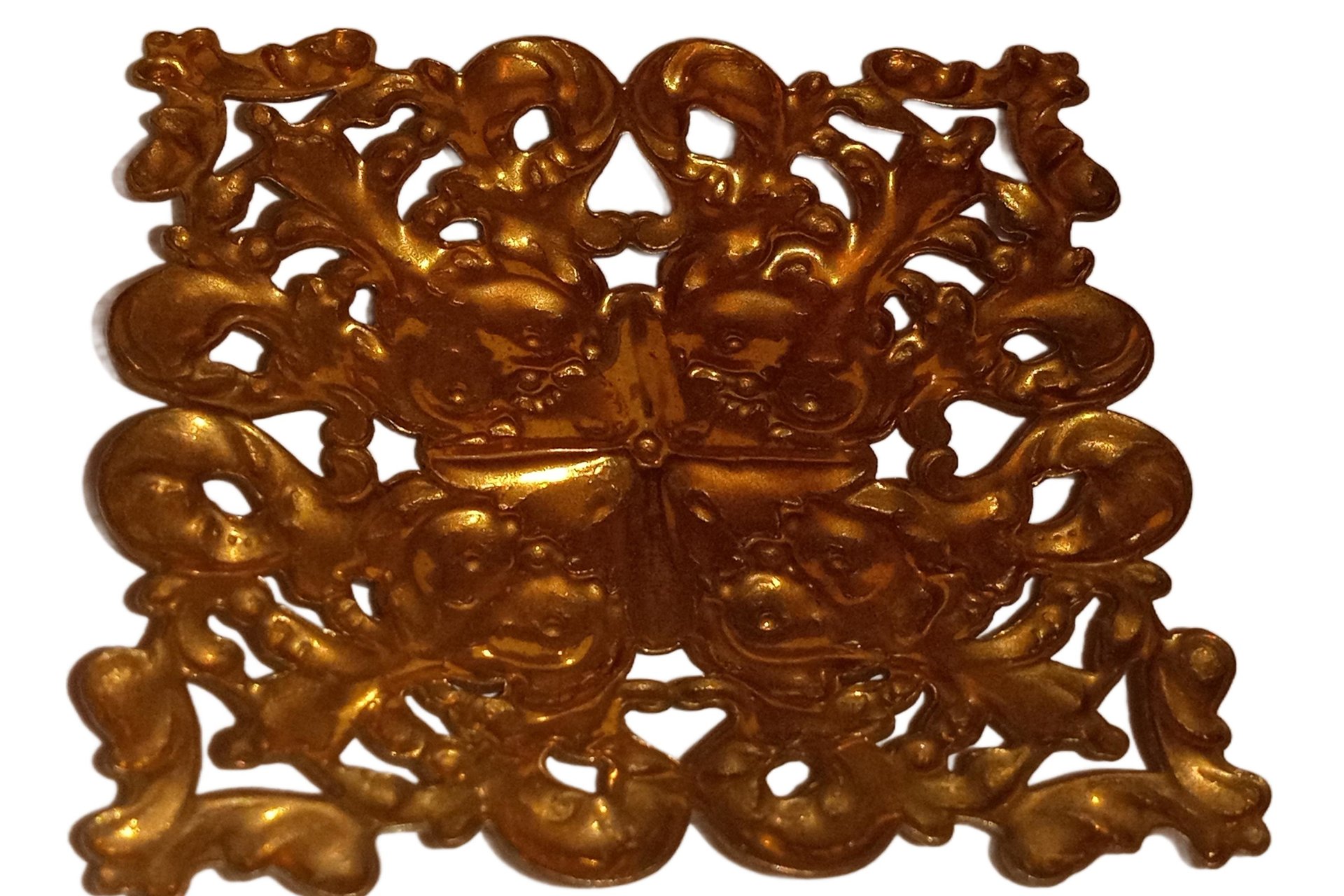 Vintage Raw Brass Ornate Stamping,  Baroque Victorian Floral 57mm x 57mm