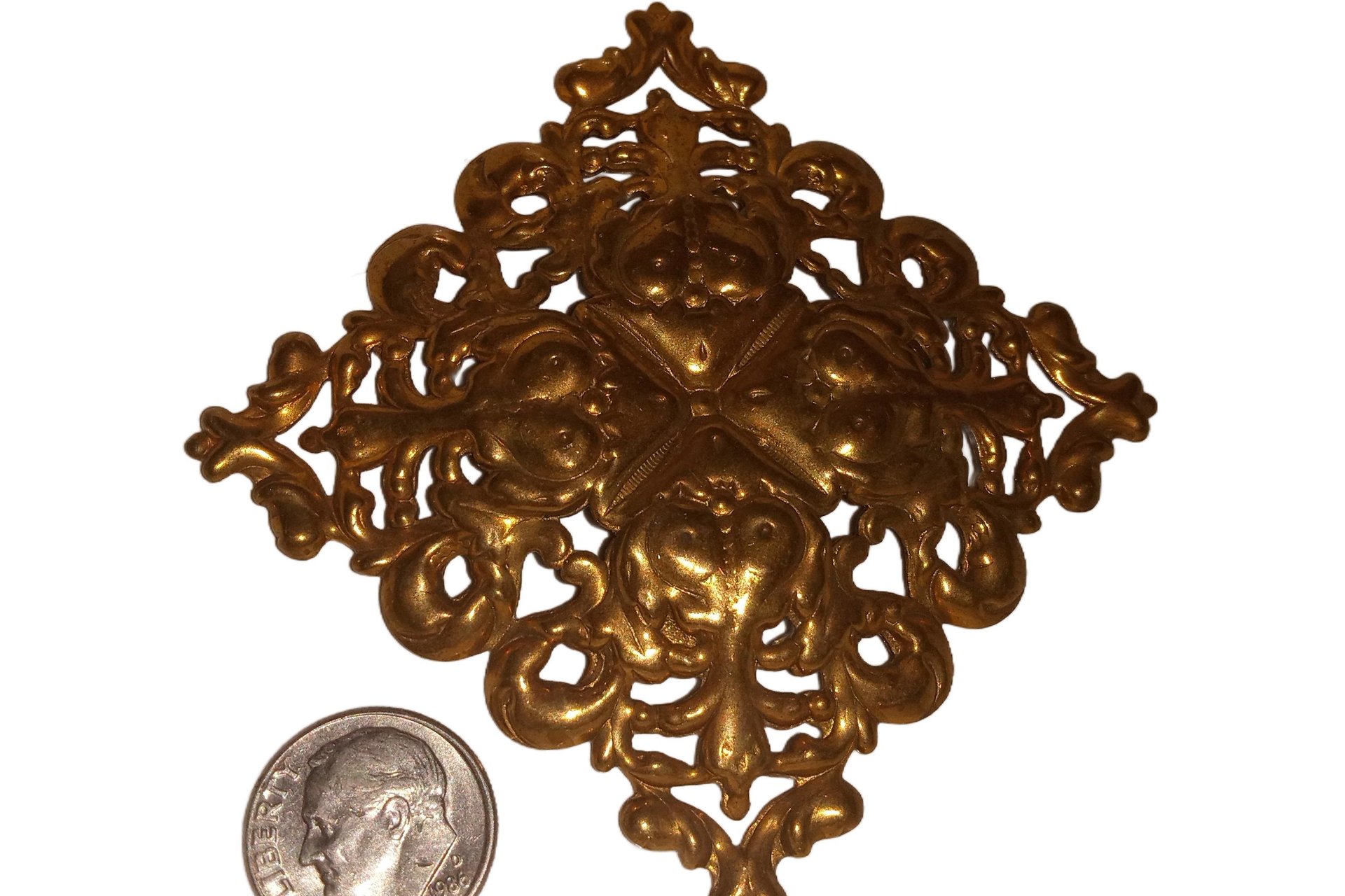 Vintage Raw Brass Ornate Stamping,  Baroque Victorian Floral 57mm x 57mm