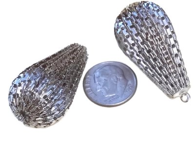 Vintage Silver Plated Corrugated Metal Mesh Teardrop Bead, 33 x 18mm -4 pcs